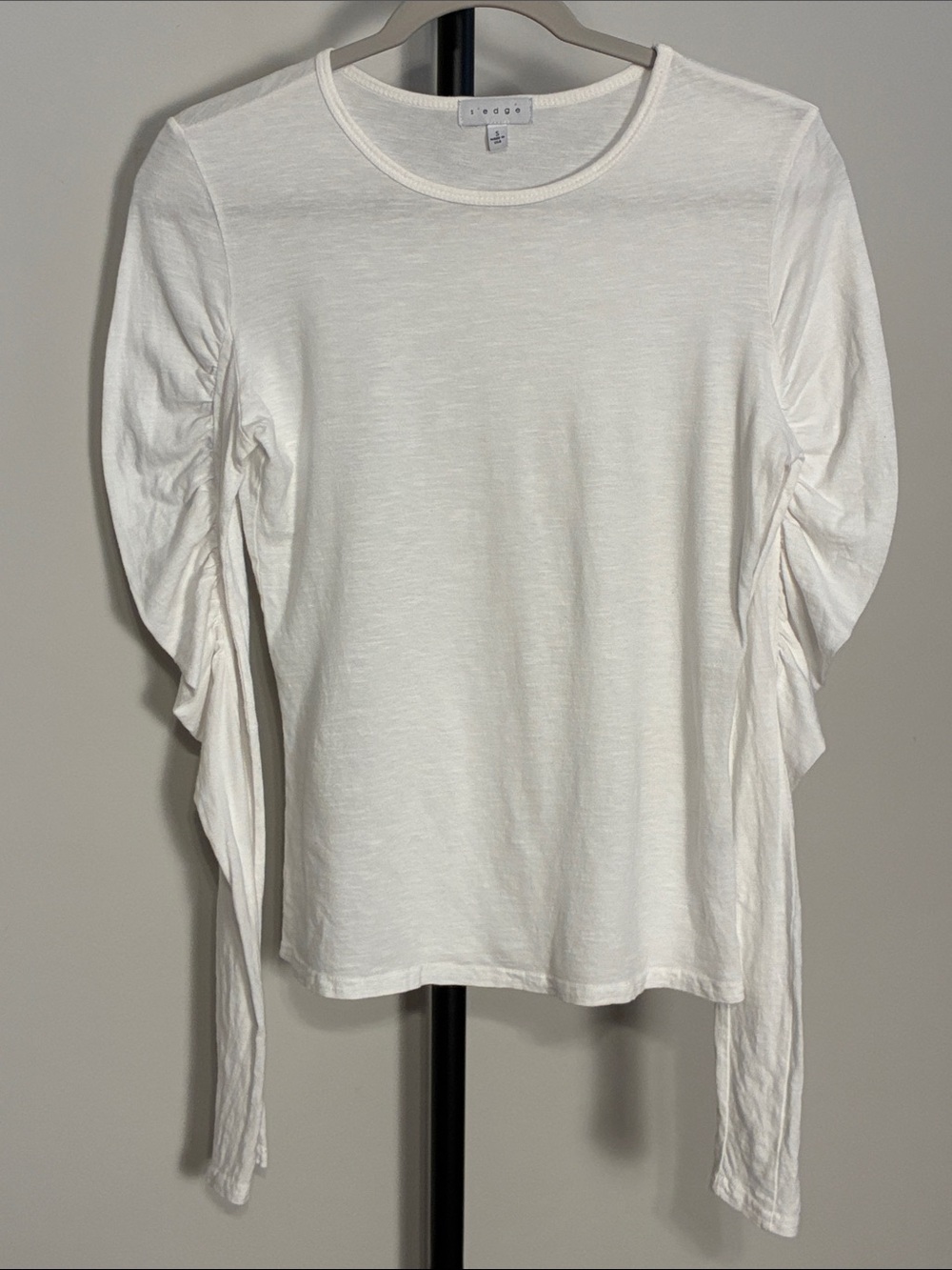 S’edge Puff Ruched Sleeve 100% Cotton Long Sleeve T Shirt Solid White Small
